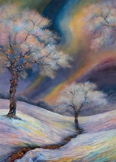 a painting of two trees in the middle of a snow covered field with a rainbow colored sky behind them