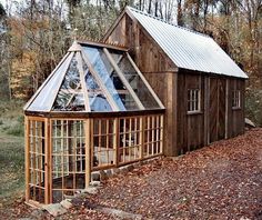 a wooden house with a glass roof in the fall leaves on the ground and trees behind it