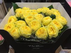 a bunch of yellow roses in a box