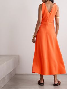 Find LA LIGNE Knotted Crepe Midi Dress on Editorialist. This La Ligne midi dress is crafted from lightweight crepe and features knotted shoulders. The V-neckline is mirrored at the back, and the flowy skirt moves softly with every step. The dress has a back zipper closure. Crepe Midi Dress, Flowy Skirt, Summer Parties, Vibrant Orange, The Dress, Top Brands, Midi Dress, Luxury Fashion, Zipper