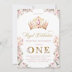 a princess birthday party with pink flowers and a gold crown on the front, white background