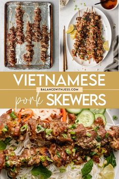 vietnamese pork skewers with vegetables and sauces