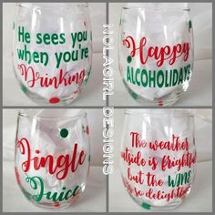 four wine glasses with different sayings on them