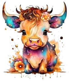 a watercolor painting of a cow with horns and flowers on it's head