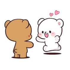 a brown teddy bear standing next to a white and tan teddy bear with hearts on its head