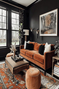 Cozy corner in a living room with stylish black walls, comfortable rust sofa, adorned with tasteful decor, and framed art. Rust Sofa Living Room Ideas, Rust Sofa Living Room, Rust Living Room Decor, Black And Rust Living Room, Rust Sofa, Rust Living Room, Rust Decor, Dark Walls Living Room, Beautiful Room Ideas