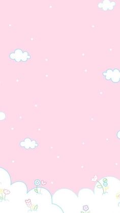 a pink background with clouds and flowers