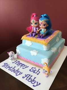 Shimmer and Shine Cake Shine Birthday Party, Shimmer And Shine Cake, Shimmer And Shine Birthday, Shimmer Y Shine, 7th Birthday Cakes, Cake Kids, Edible Cake Decorations, Shimmer Shine, Childrens Birthday Cakes