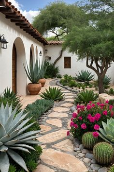 an outdoor garden with cactus and succulents in the foreground, near a house