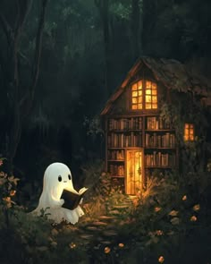 a ghost reading a book in front of a house