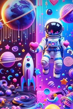 an astronaut floating in space surrounded by planets and other colorful objects, with hearts hanging from the strings