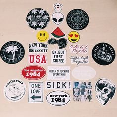 various stickers and decals on the side of a wall