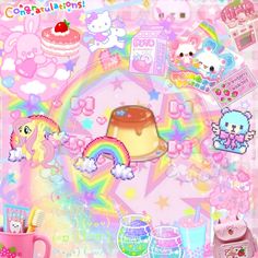 an image of a pink wallpaper with many items on it and a rainbow cake