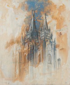 an abstract painting of a castle with spires