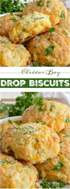 two pictures of biscuits with herbs on top and the same one in different stages of cooking