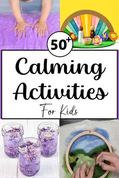 The pin shows a child playing in purple slime, a calming scene craft, purple calming jars and felt stitching. Calm Down Crafts, Eyfs Mindfulness Activities, Ways To Calm Down For Kids, Social Emotional Sensory Activities, Calming Corner Activities, Calm Zone In Classroom, Calming Activities For Preschoolers, Mindful Crafts For Kids, Calm Down Activities For Kids