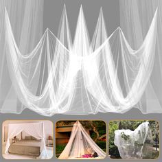 an image of a bed with mosquito netting on it and pictures of the inside of it