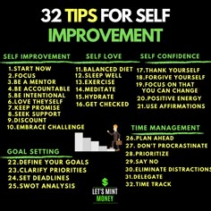 a black poster with the words 32 tips for self improvement and an image of a man standing on stairs