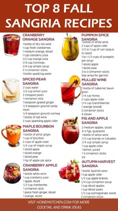 the top 8 fall sangria recipe is shown in red, white and orange colors