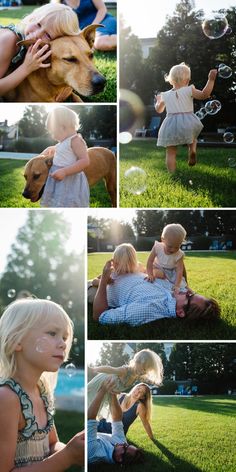 a collage of photos shows a woman and child playing with bubbles in the grass