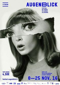 a poster with a woman's face and torn paper over her eyes that says augenblick