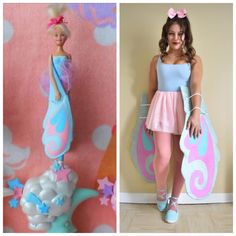 two photos one with a barbie doll and the other has a balloon in the shape of a mermaid