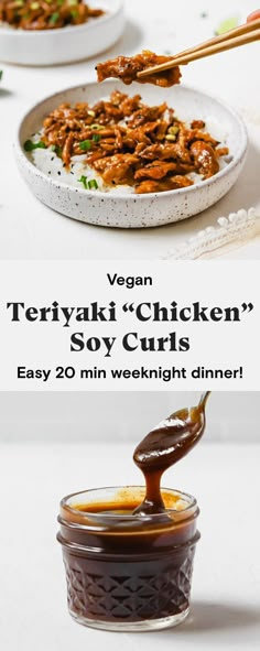 the ingredients for teriyaki chicken soy curls are being spooned into a jar