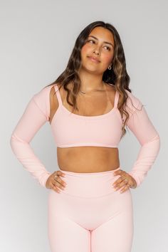 Complete your studio, or every day, look with our Long Sleeve Shrug. This cute cover-up features long sleeves and an open front design. Pairs perfectly with your favorite Soft Pink bra top: the Scoop Bra or the One Shoulder Bra. Pink Bra Top, Scoop Bra, One Shoulder Bra, Cute Coverups, Long Sleeve Shrug, Sleeve Shrug, Pink Bra, Bra Top, Thumb Holes