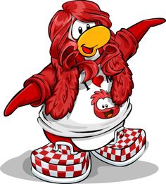 a cartoon bird in red and white checkered shoes