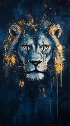 a painting of a lion's face on a blue background