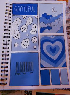 an open notebook with drawings on it and the words grateful written in blue above them