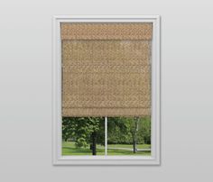 an open window with a roman blind in front of it and trees outside the window