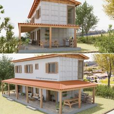 two pictures of a small house with porches and covered patios, one in the process of being built