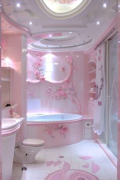 this bathroom has pink walls and flooring with flowers on the ceiling, along with a round window