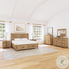 a bed room with a neatly made bed and dressers