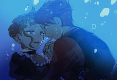 two anime characters hugging in the water with bubbles all around them and one has his arm around the other's neck