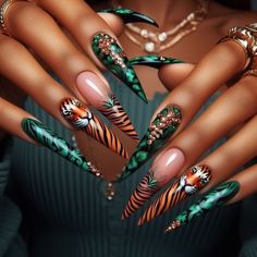 Stiletto Nail Designs 2024, Animal Print Summer Nails, Orange And Green Nail Designs, Green Orange Nails, Orange Green Nails, Nail Ideas Graduation, Green And Orange Nails, Pedicure Room, Stilleto Nails Designs