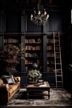 a living room filled with furniture and bookshelves next to a tall book shelf