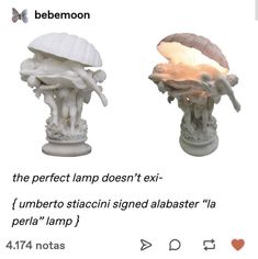 two different types of lamps on display with caption in english and spanish, one is white the other is light blue