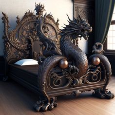 a bed with a dragon head on top of it in a room next to a window