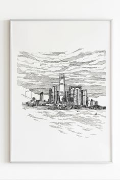 In this architectural drawing you can see the ICC Building and star ferry in Hong Kong. The art print is originally drawn in black ink and mounted on on a silver thin frame behind a white background. The view is the TST harbourfront with a number of buildings both high and small and some waves infront. Sky Architecture Drawing, Pan Drawing, Sun Yat Sen, Avenue Of Stars, Star Ferry, Flowers Drawing