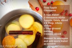 a bowl filled with apples and cinnamons next to an orange peel, cranberries