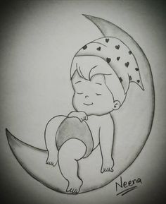 a drawing of a boy sitting on the moon with his head resting on an object