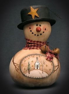 a snowman with a hat and scarf on it's head is holding a clock