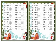 two christmas themed worksheets with snowmen and santa's house on them