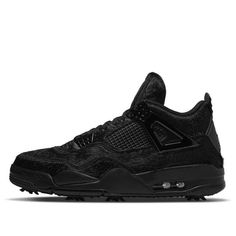 Air Jordan 4 Golf 'Black Cat' CU9981-001 (AJ4/SNKR/Casual/Unisex/Low Top/Leather/Shock-absorbing) Cat Sneakers, Nike Air Max Black, Black Tongue, Nike Air Jordan 4, Marathon Running Shoes, Fur Fabric, Jordan 4 Retro, Max Black, Shoe Inspiration