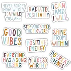 stickers with words that say positive, negative and negative things in different colors on them