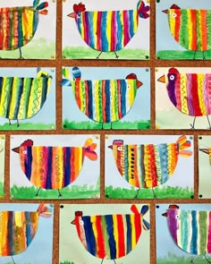 several pictures of colorful birds painted on paper with colored strips in the shape of roosters