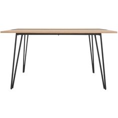 a wooden table with black hairpin legs