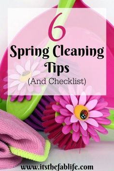 cleaning supplies with the words spring cleaning tips and checklist written below it on top